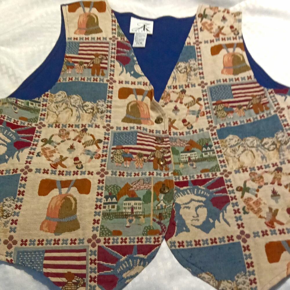 JK America Patriotic Tapestry Sweater Vest V-Neck Statue of Liberty Sz 16